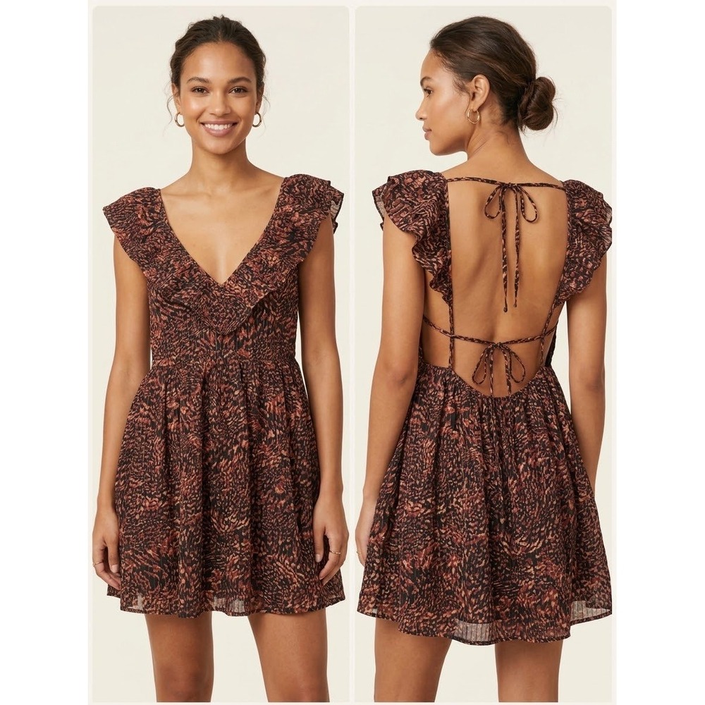 Anthropologie Ruffle V-Neck Lace Up Back Abstract Whimsigoth Boho Mini Dress XL